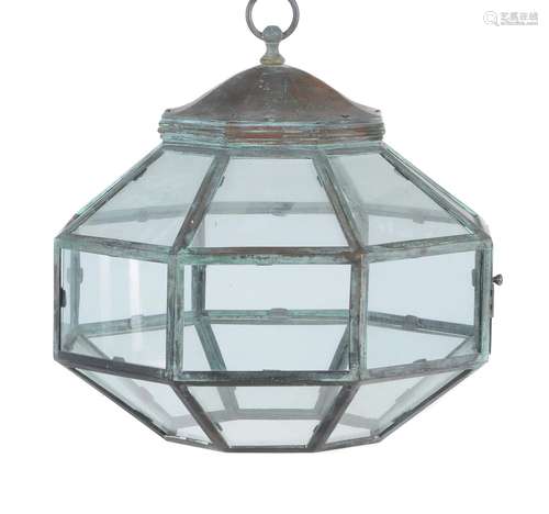 A glazed copper hanging light of octagonal section