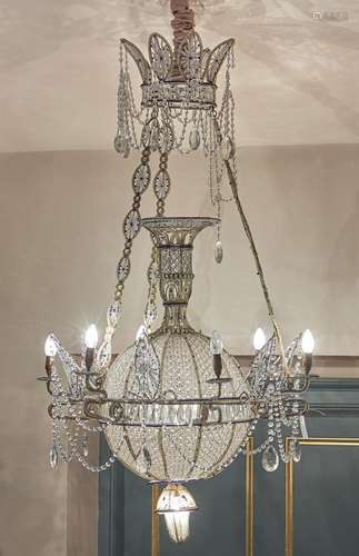 A Continental beadwork and wirework six light chandelier