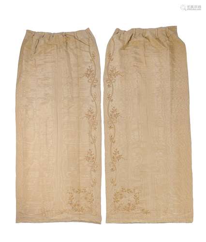 A pair of late 19th/early 20th century moiré silk and floral embroidered panels