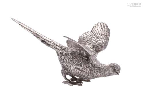 A German silver small model of an alarmed pheasant by L. Neresheimer & Co.