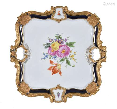 A Meissen (outside decorated) blue ground and gilt two-handled tray for a coffee service