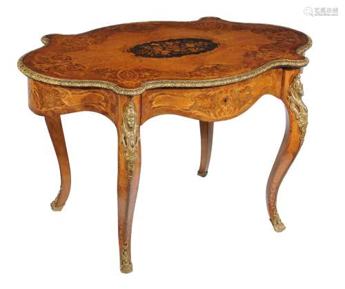 A French walnut, gilt metal mounted and floral marquetry inlaid centre table,