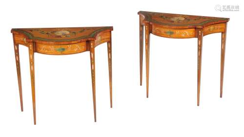 A pair of satinwood and polychrome painted side tables in George III style