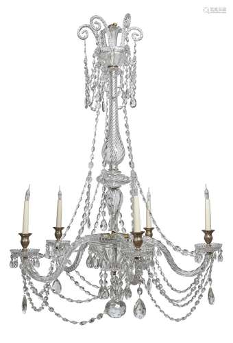 A Victorian cut and moulded glass and silvered metal five light chandelier