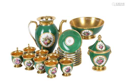 A Paris porcelain Empire-style green-ground and gilt part coffee service