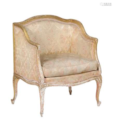 A French giltwood and upholstered bergere armchair