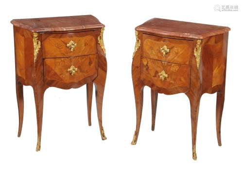 A pair of French kingwood, inlaid, and gilt metal mounted petite commodes