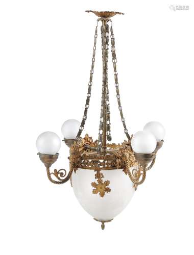 A Continental, probably French, gilt-metal and frosted glass four-branch ceiling light
