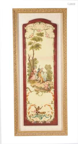 A set of four framed painted decorative panels in the mid-18th century Chinoiserie manner