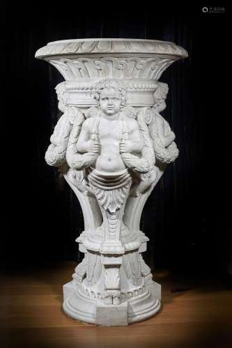 A pair of substantial white marble planters in 18th century taste
