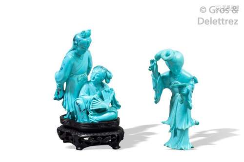 Chine, XXe siècle  Groupe en turquoise représentant deux jeunes femmes à l'éventail.  H. 7,6 cm                                                                                                                                                                                                                                                                                                                         估价            200 - 300 EUR                                                                                                                                                                * 不计佣金。