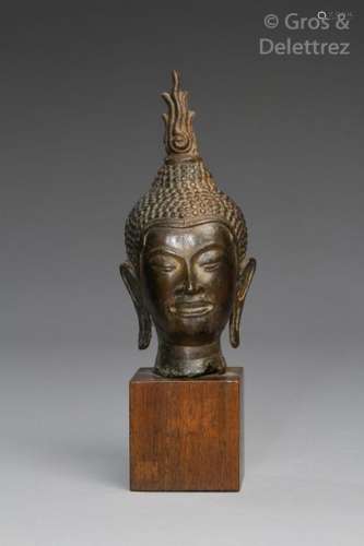 Thaïlande, style d'Utong, XXe siècle Tête de Bouddha en bronze, la coiffe surmontée de la flamme, les yeux mi-clos exprimant la sérénité.  H. 17 cm                                                                                                                                                                                                                                                                                                                         估价            20 - 40 EUR                                                                                                                                                                * 不计佣金。