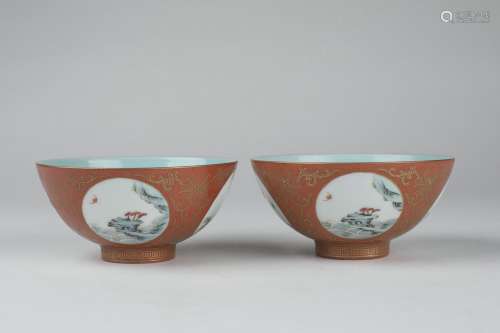 A Pair Of Red-Ground Porcelain Bowls With Framed Design