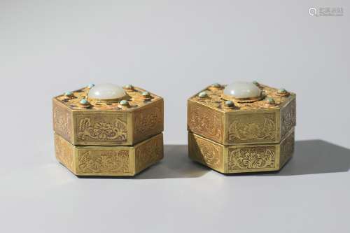A Pair Of Inlaid-Jade Hexagonal Boxes