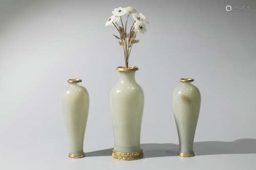 A Set Of Three Carved Jade Vase