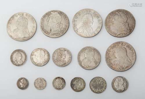 Lot of fifteen (15) silver coins of LOUIS XV : Écu…