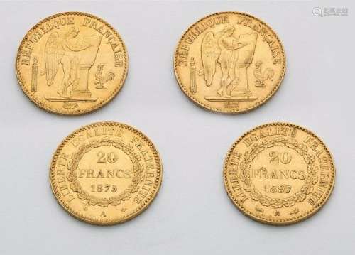 Two gold coins of 20 francs 1875 (A) and 1897 (A).…