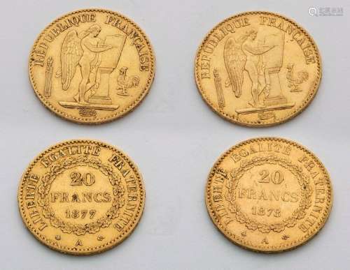 Two gold coins of 20 francs 1878 and 1877. Diamete…