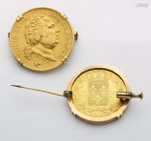 Round gold brooch decorated with a 40 francs gold …