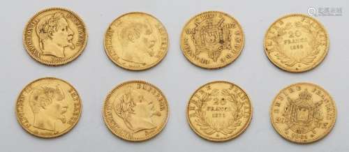 Four gold coins of 20 francs 1855, 1858 and 1861. …