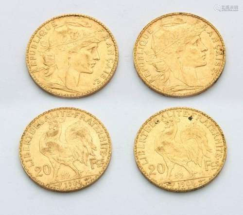 Two gold coins of 20 frrancs 1904 and 1905. Diamet…