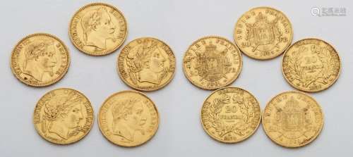 Five gold coins of 20 francs 1850, 1851, 1861, 186…