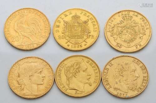 Three gold coins of 20 francs including Leopold II…