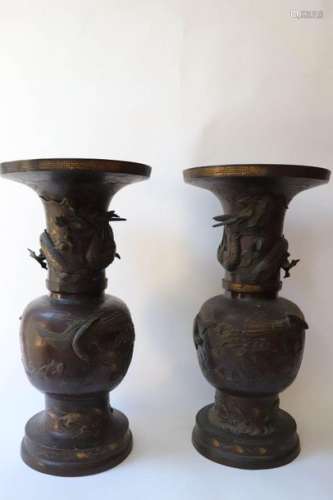 Large pair of baluster shaped vases in bronze with…