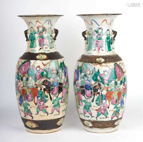 NANKIN. Pair of cracked ceramic vase of baluster s…