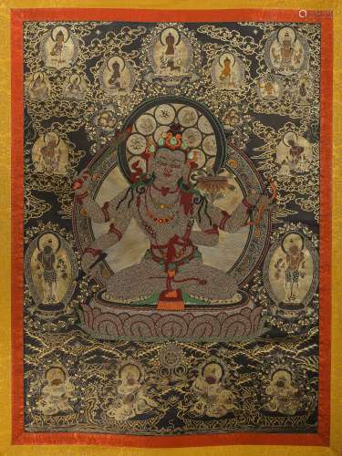 Ancient Tibetan Pearl Four-armed Avalokitesvara Bidhisattva Guanyin Thangka
