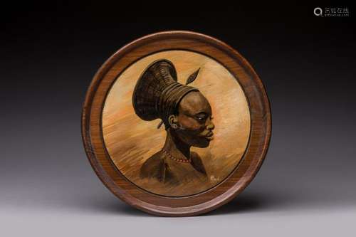 Portrait of a Mangbetu woman. nPainting on wood pa…