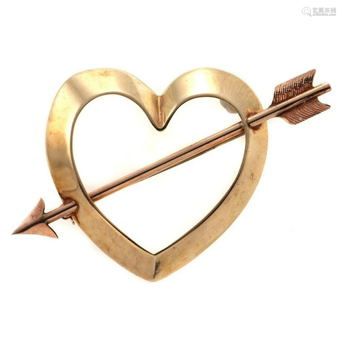 Retro 14k pink/yellow gold heart & arrow brooch