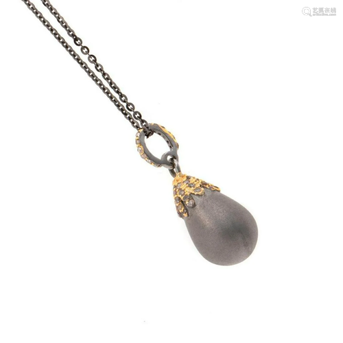 Diamond, oxidized silver, gold egg pendant & ch…