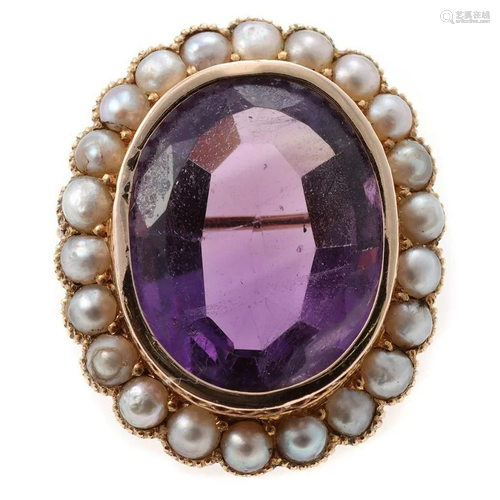 Antique amethyst, half pearl, 14k gold brooch-pendant