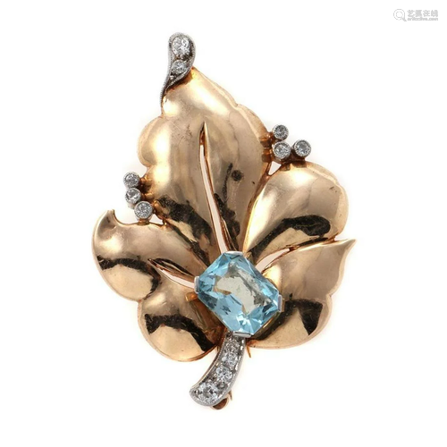 Retro aquamarine, diamond and 14k gold brooch