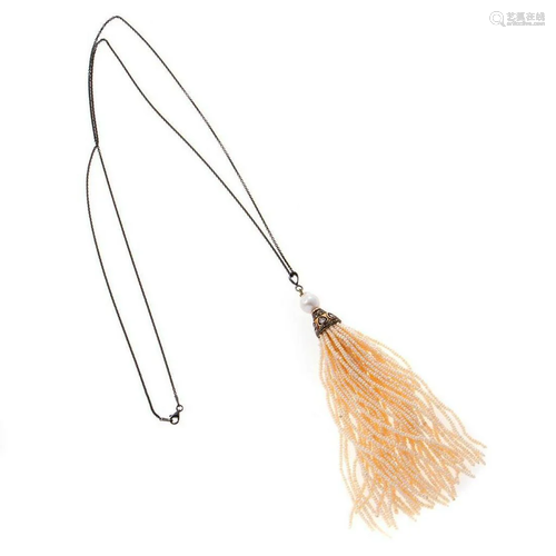 Pearl, diamond, oxidized silver tassel pendant…