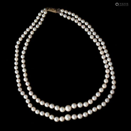 Cultured pearl, 18k gold double strand necklace, French