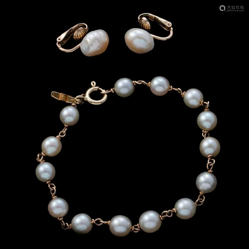 Cultured pearl, gold bracelet and clip earrings