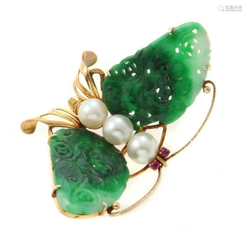 Jade, cultured pearl, red stone, 14k gold butterfly …