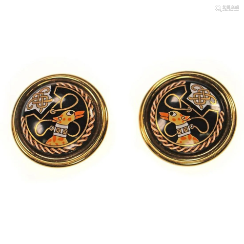 Hermes gold tone enamel clip earrings