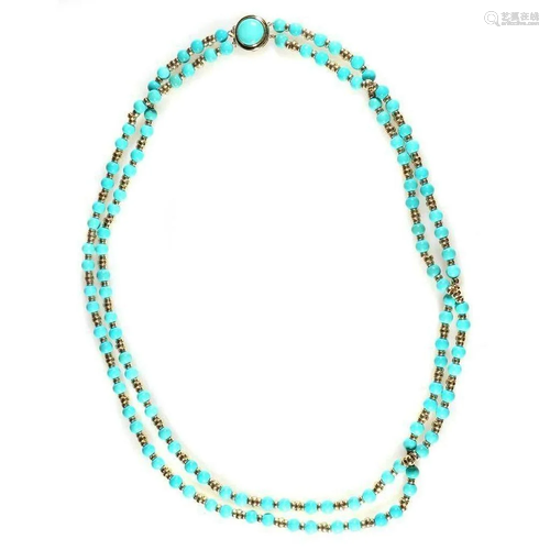 Turquoise and 14k gold double strand necklace