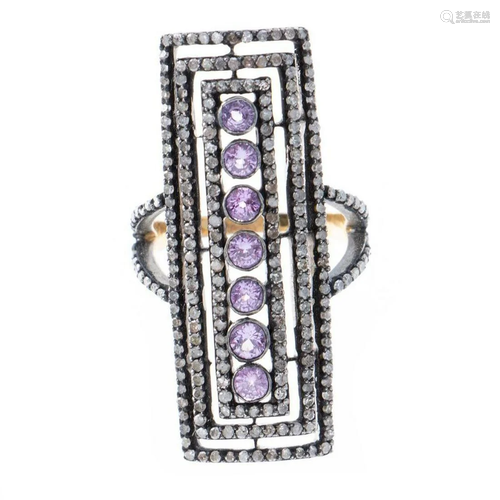 Pink sapphire, diamond, oxidized silver, 18k gold ring