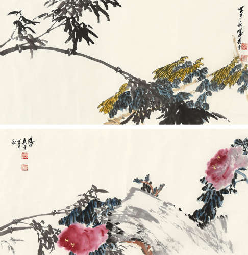 吴平（1920～2019） 癸巳（2013）年作 竹菊 牡丹 （两幅） 镜片 设色纸本