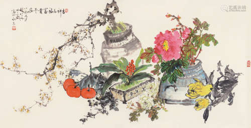 赵松泉（1914～2012） 乙酉（2005）年作 吉祥多福 镜片 设色纸本