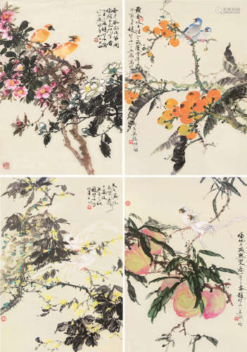 赵松泉（1914～2012） 丁丑（1997）年作 戊寅（1998）年作 庚辰（2000）年作 双雀枝头 （四幅） 镜片 设色纸本