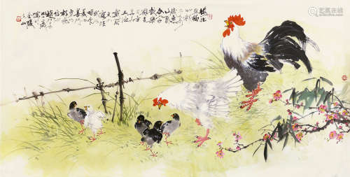 赵松泉（1914～2012） 乙酉（2005）年作 梅花五福竹报平安 镜片 设色纸本