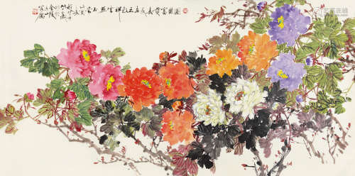 赵松泉（1914～2012） 乙酉（2005）年作 团圆富贵春长在 镜片 设色纸本
