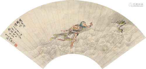 沈心海（1855～1941） 辛未（1931）年作 周孝侯斩蛟图 扇片 设色纸本
