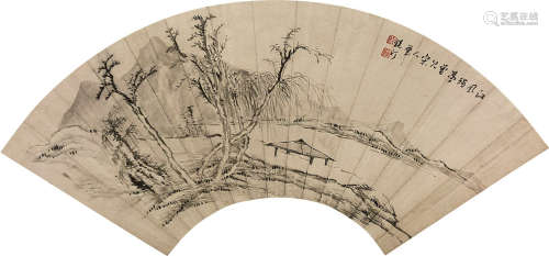 吴镜汀（1904～1972） 江风独亭 扇片 水墨纸本
