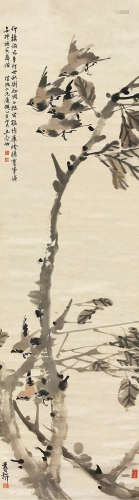 张书旂（1900～1957）王念劬（1877～1951） 乙亥（1947）年作 鸟趣图 立轴 设色纸本